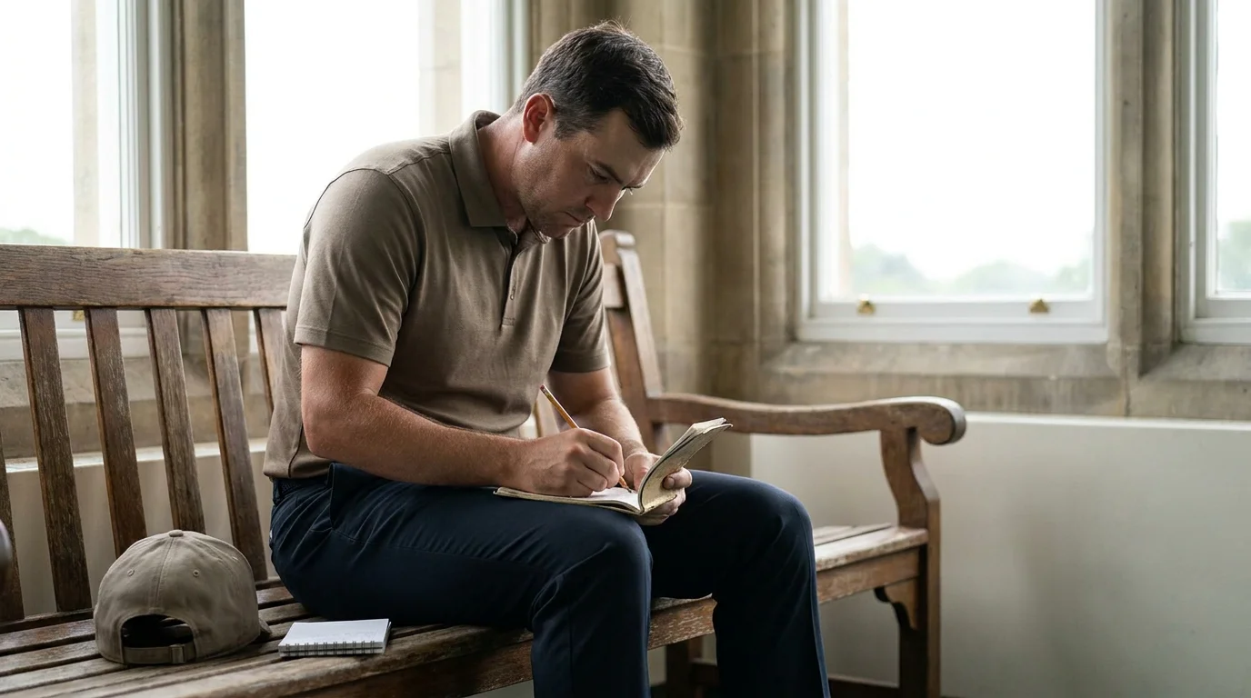 Professional golfer sitting on a clubhouse bench writing notes in a yardage book with a small notepad and pencil