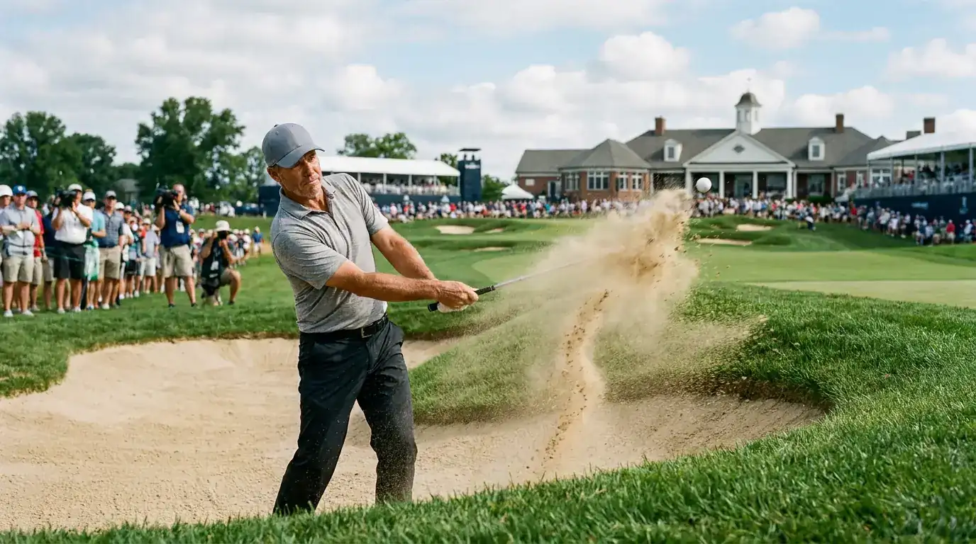 Grinder-type professional golfer playing a delicate recovery shot from a deep greenside bunker at a US-style championship