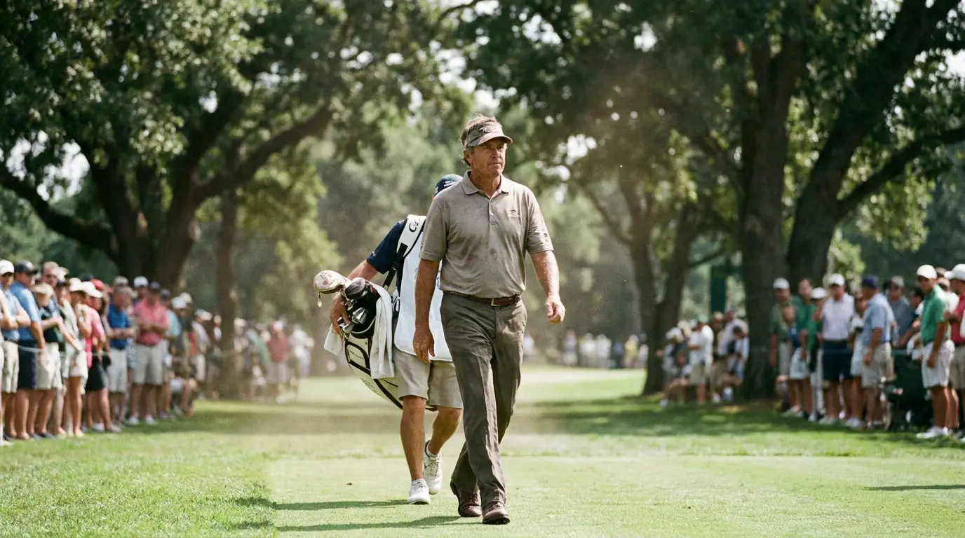 Veteran grinder-type professional golfer walking purposefully down a parkland fairway on Sunday afternoon of a tournament