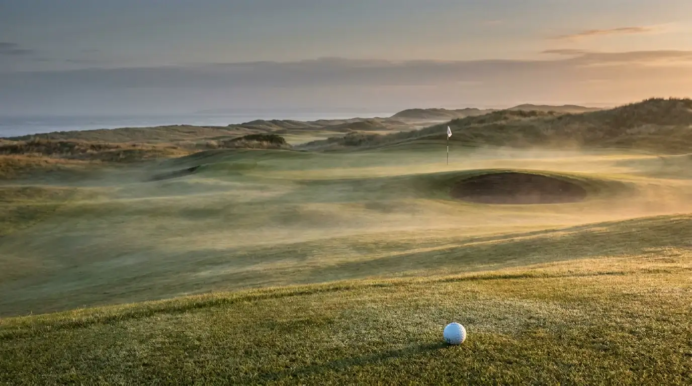 A UK golf course fairway at sunrise with morning mist over the green, evoking the editorial pause before a championship round