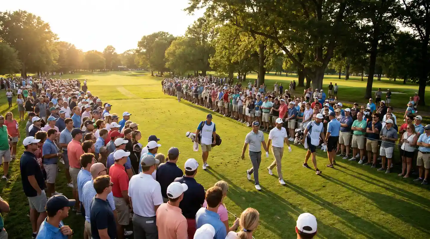 Large crowd following a high-profile weekend pairing down a parkland fairway during the third round of a tournament