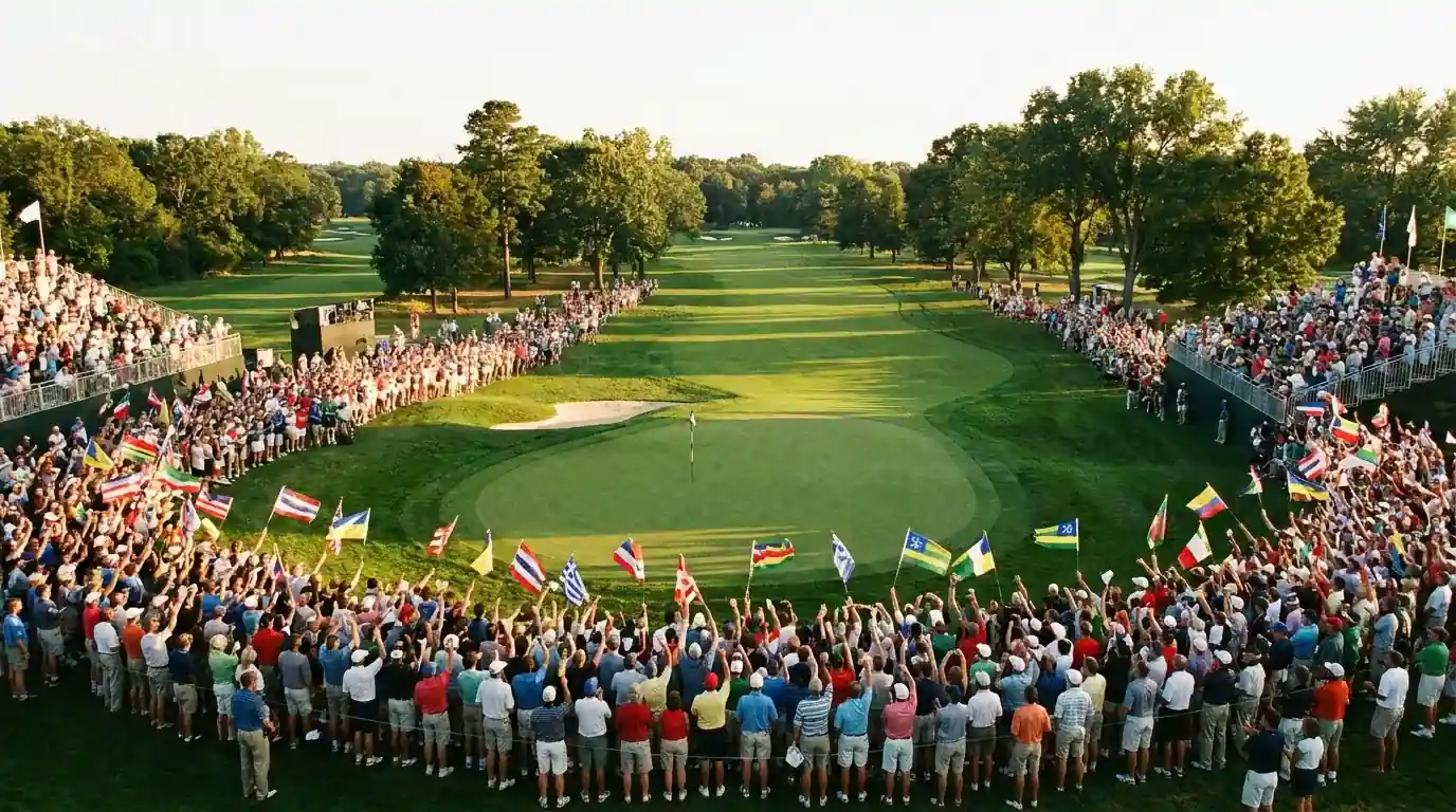 Massive home-crowd cheering scene at a Ryder Cup parkland venue with spectators waving flags behind a closing green