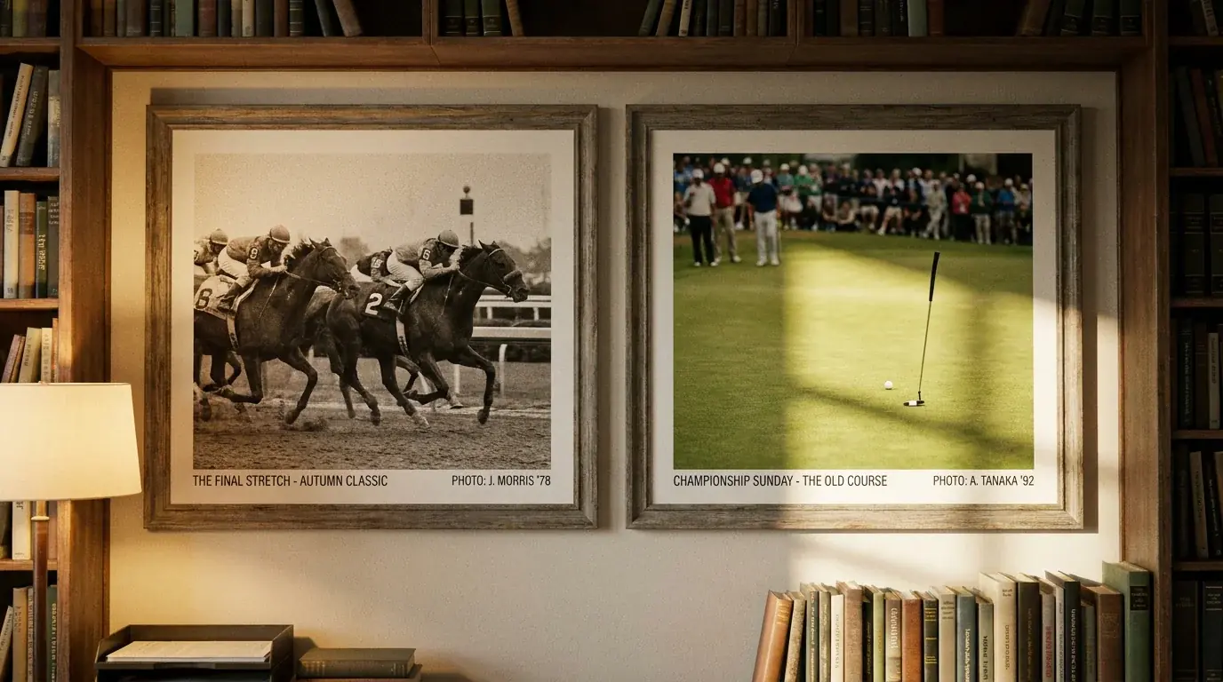 Side-by-side framed prints on an office wall showing a horseracing finish line and a golf championship green to illustrate sector contrast