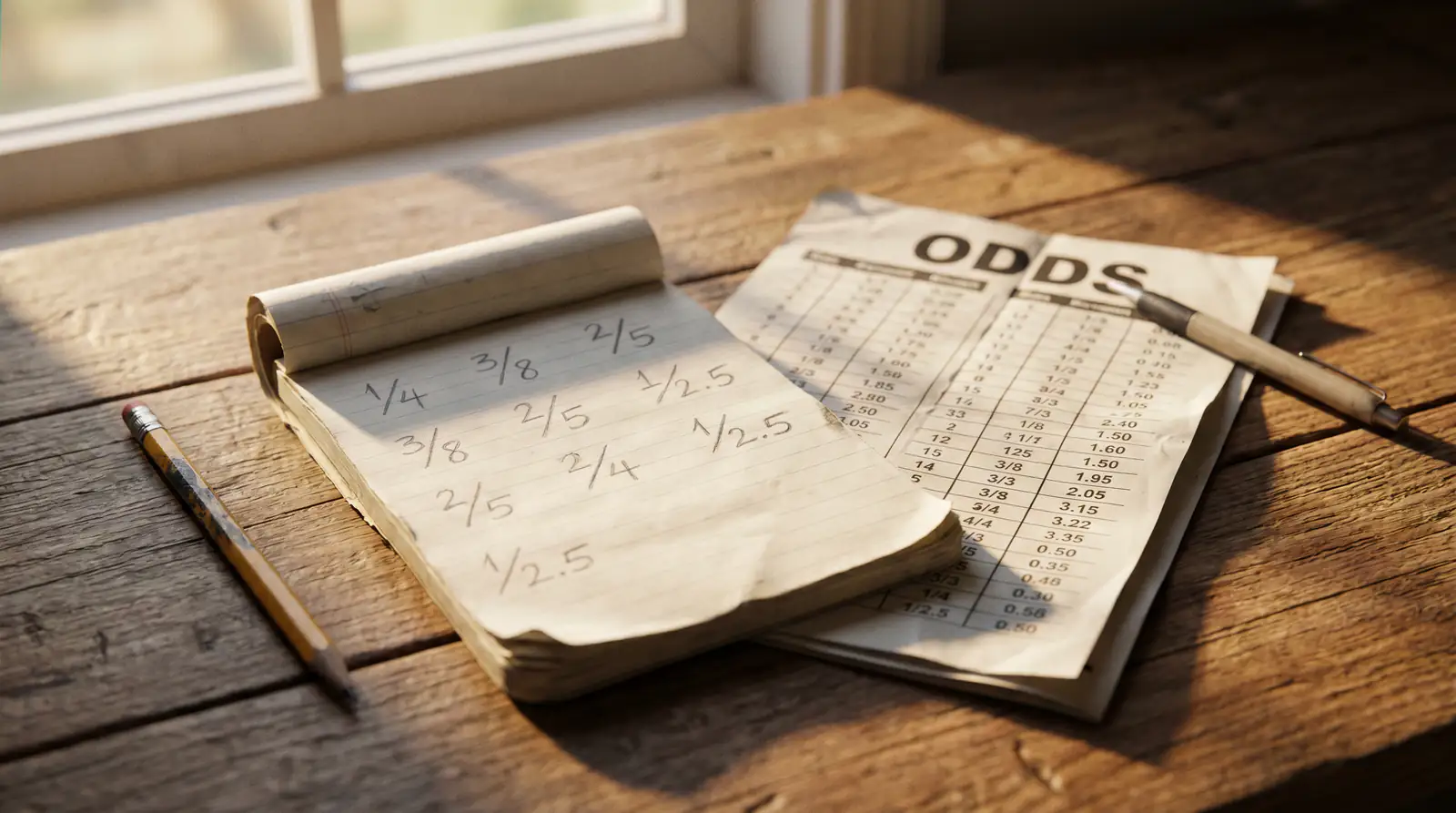 Handwritten implied probability calculation notes on a small notepad beside a printed odds sheet on a desk