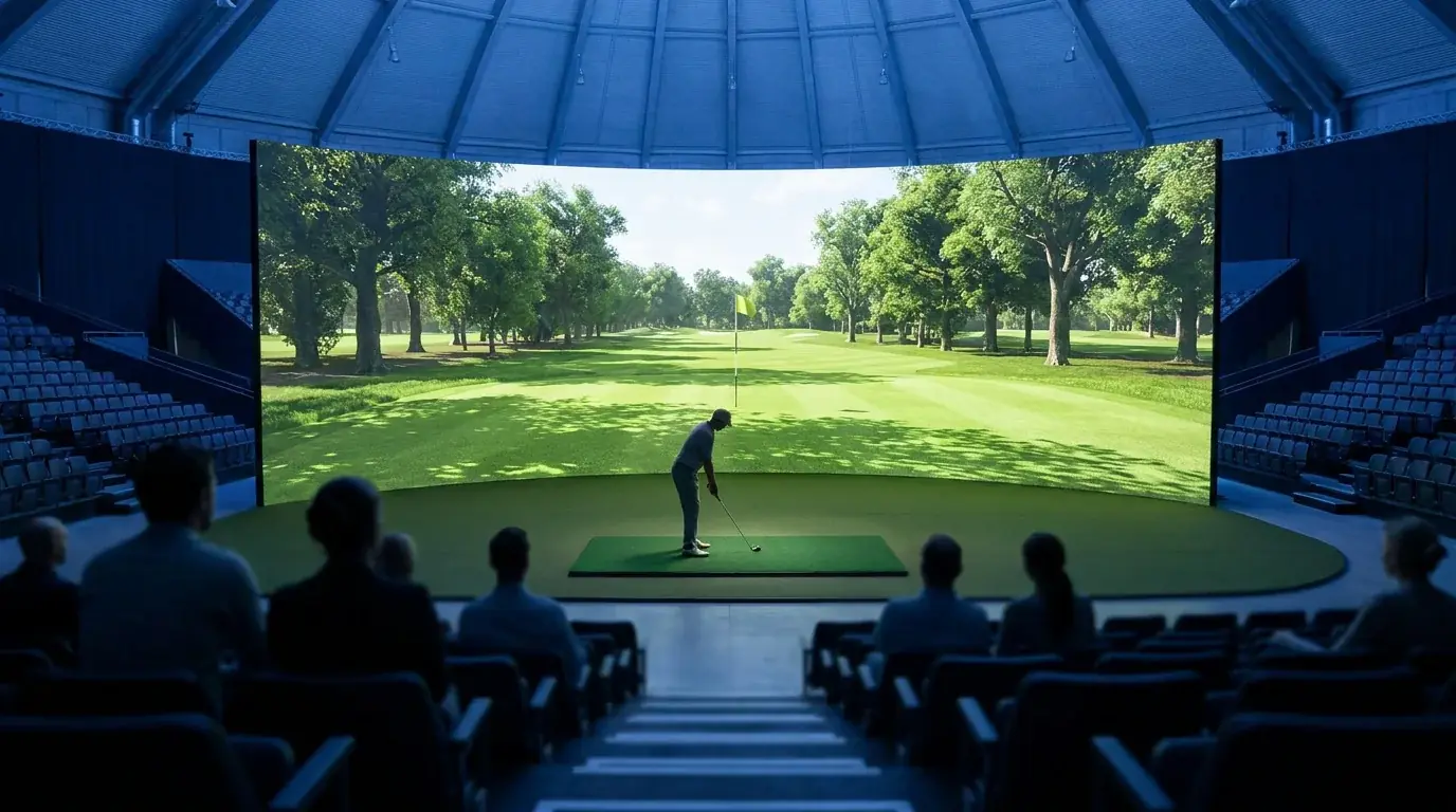 Indoor golf simulator screen at the centre of an arena showing a virtual fairway projection during a TGL-style match night