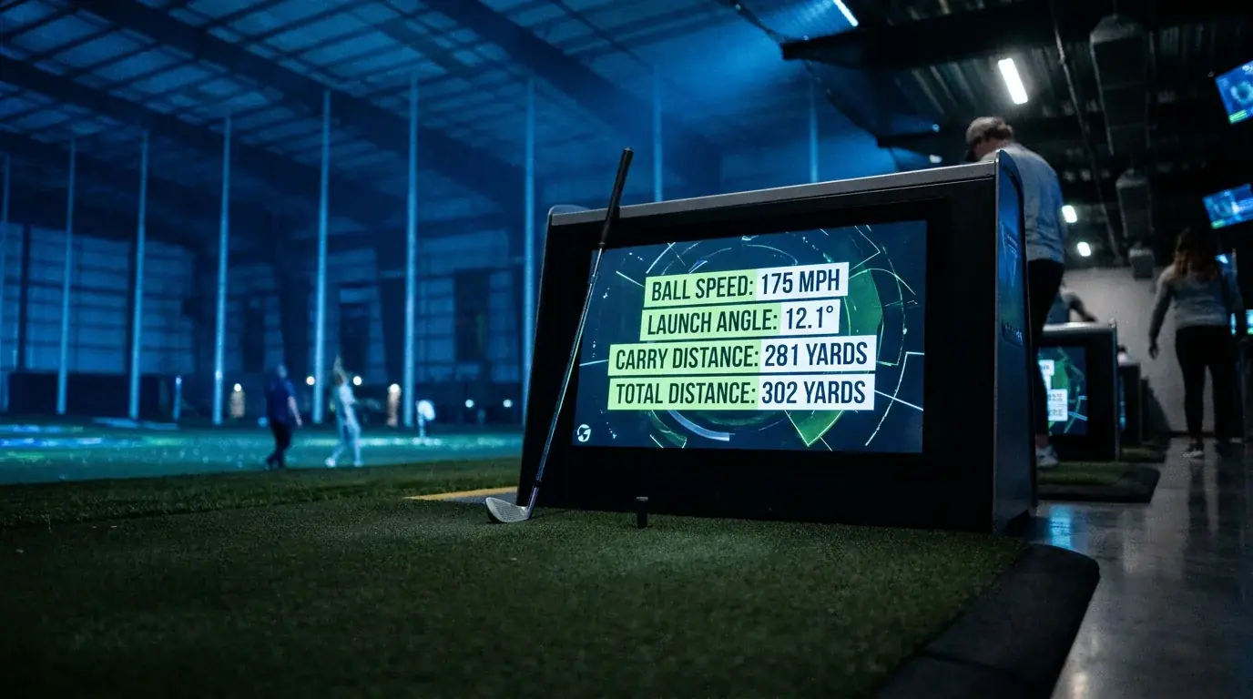 Course-side launch-monitor screen inside an indoor golf arena showing shot data for a player after a simulator drive
