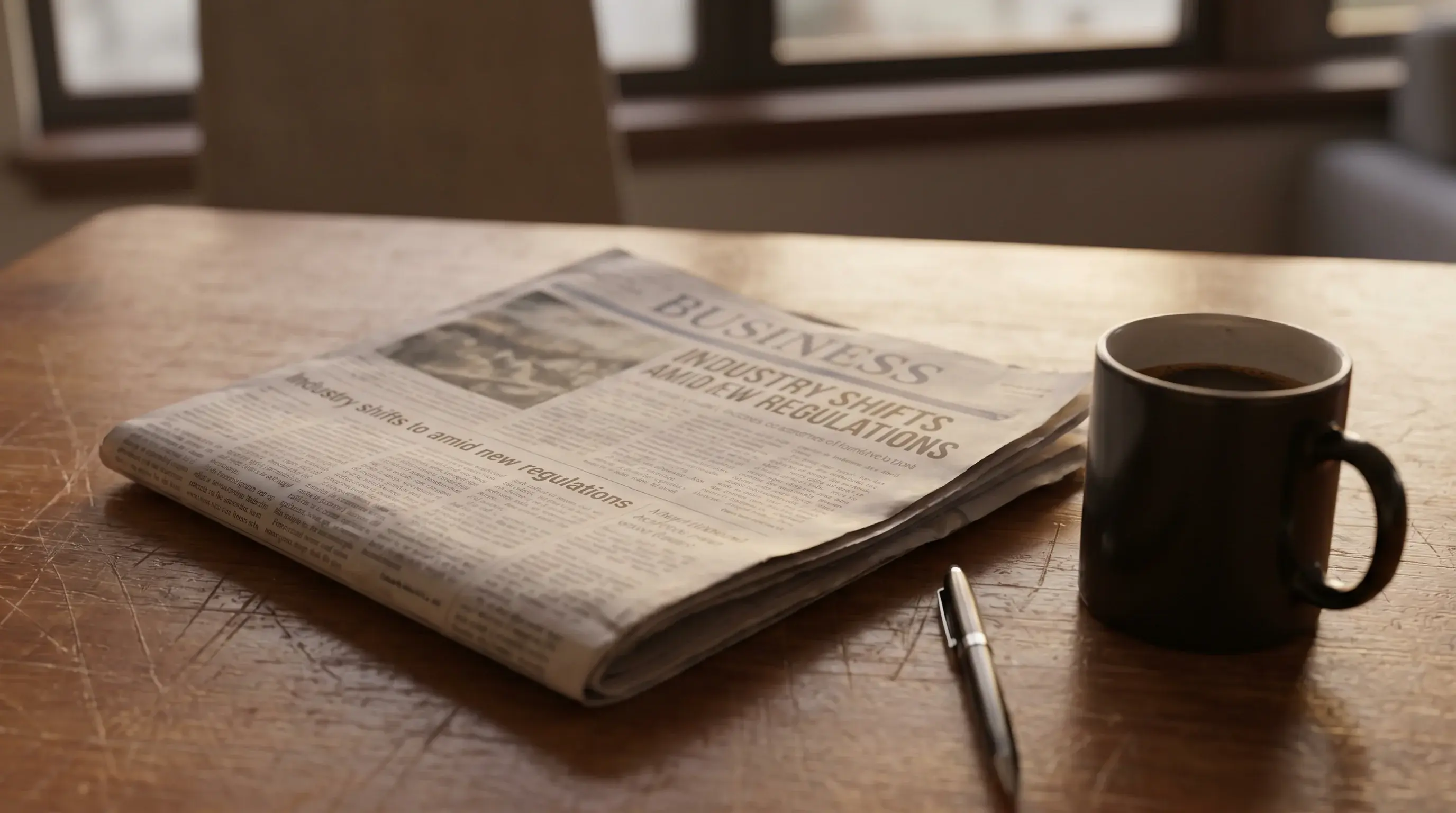 Folded business newspaper on a desk with a headline about gambling industry consolidation visible at the top of the page