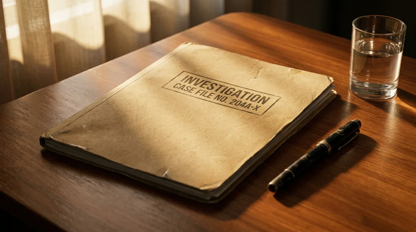 Closed manila folder on a polished desk evoking a formal integrity investigation file at a regulator's office under window light