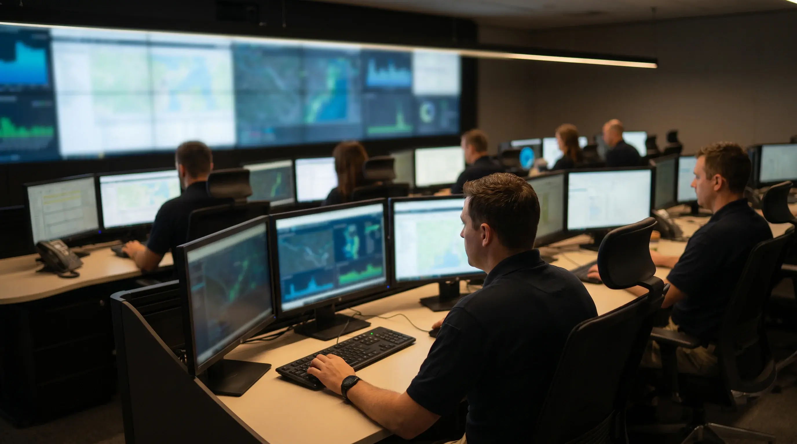 Modern integrity monitoring room with several wall-mounted screens softly out of focus and analysts in plain polos at workstations