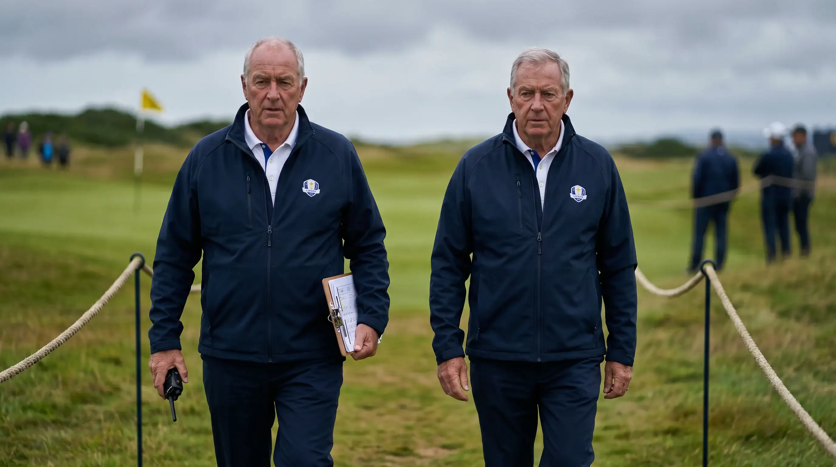 Tournament officials in branded golf event uniforms walking along a roped corridor between holes
