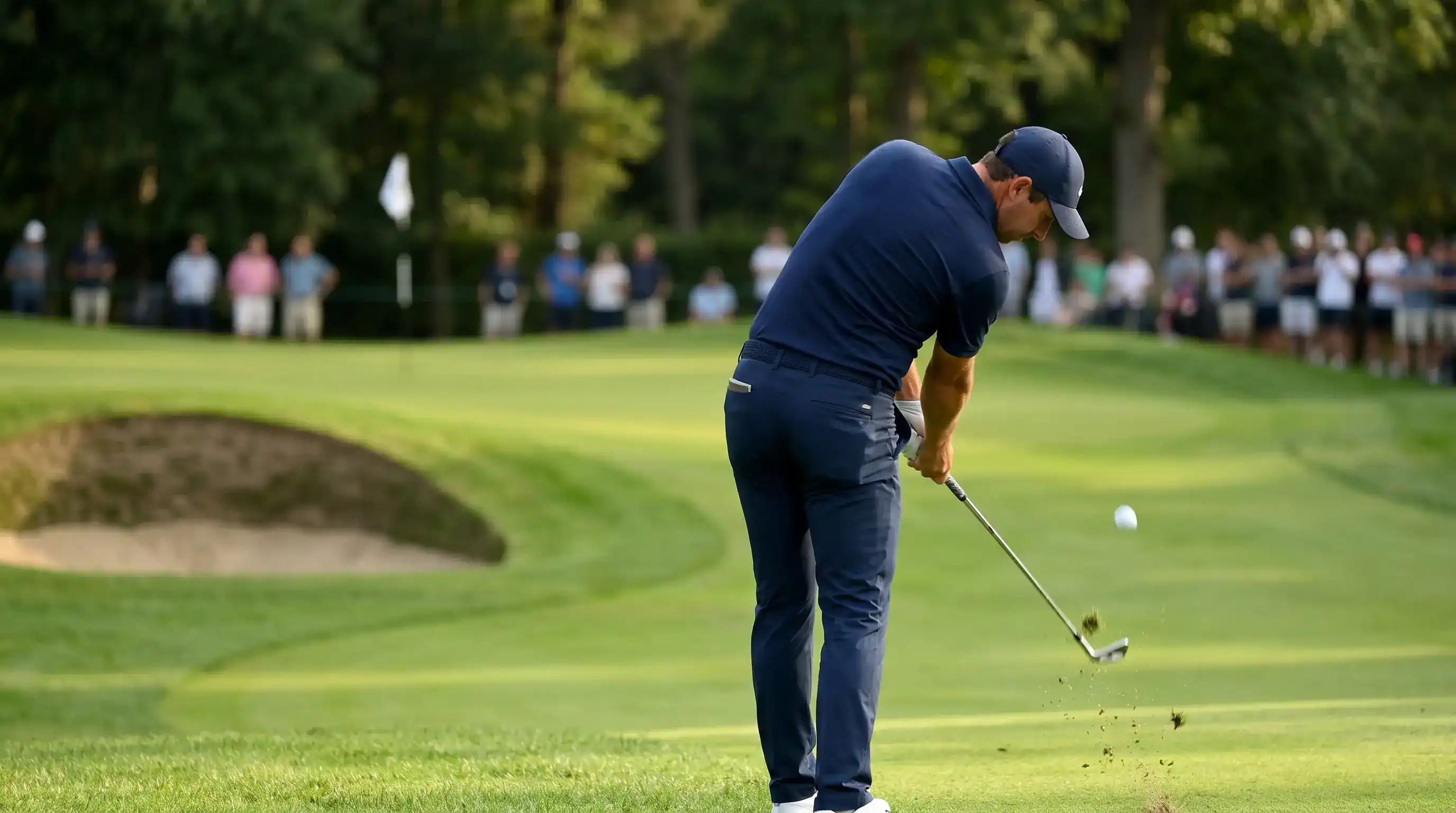 Professional golfer striking a high iron approach shot toward a tucked back-left pin on a guarded parkland green