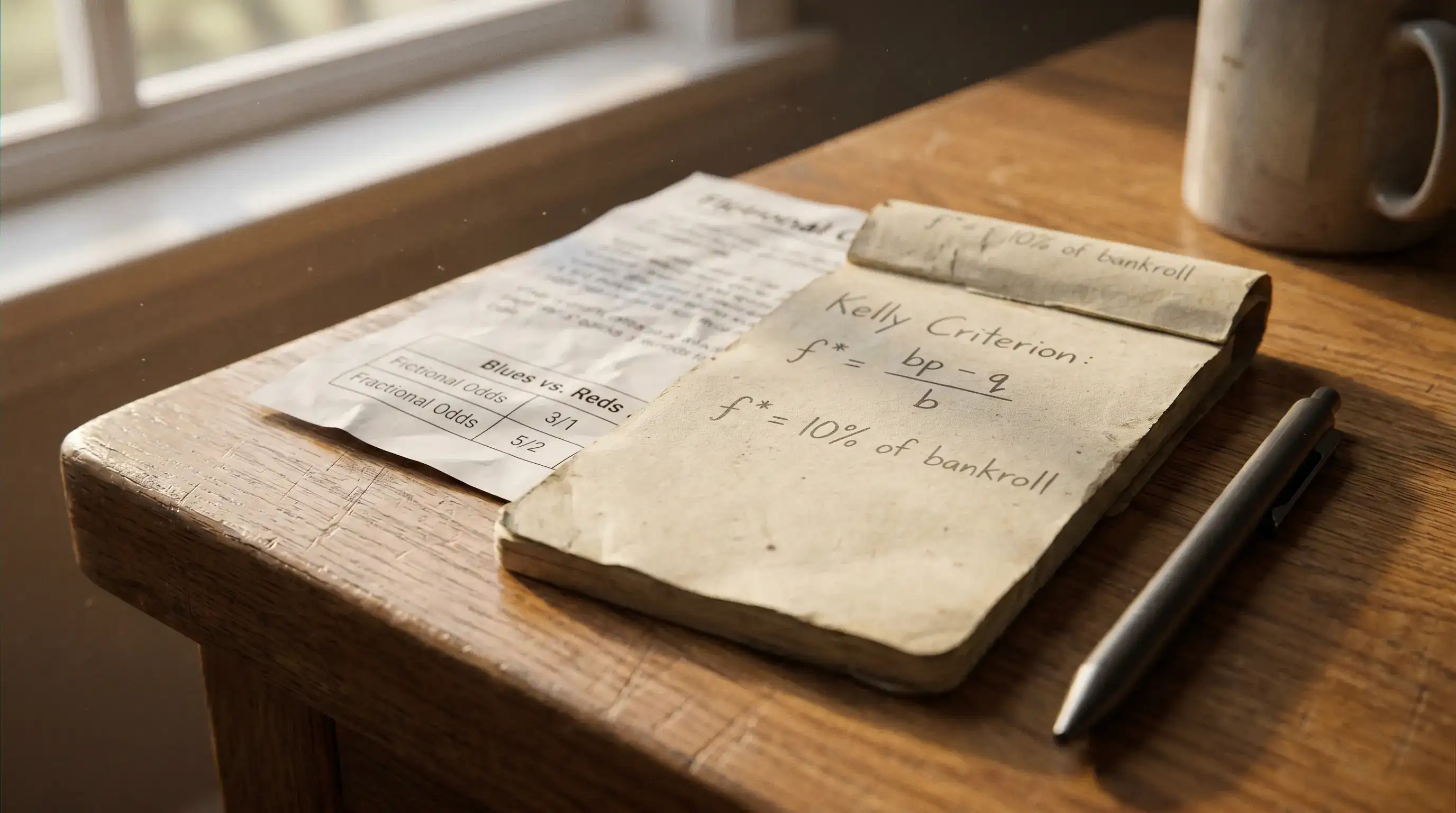 Handwritten fractional Kelly formula notes on a small notepad beside a printed odds sheet on a desk