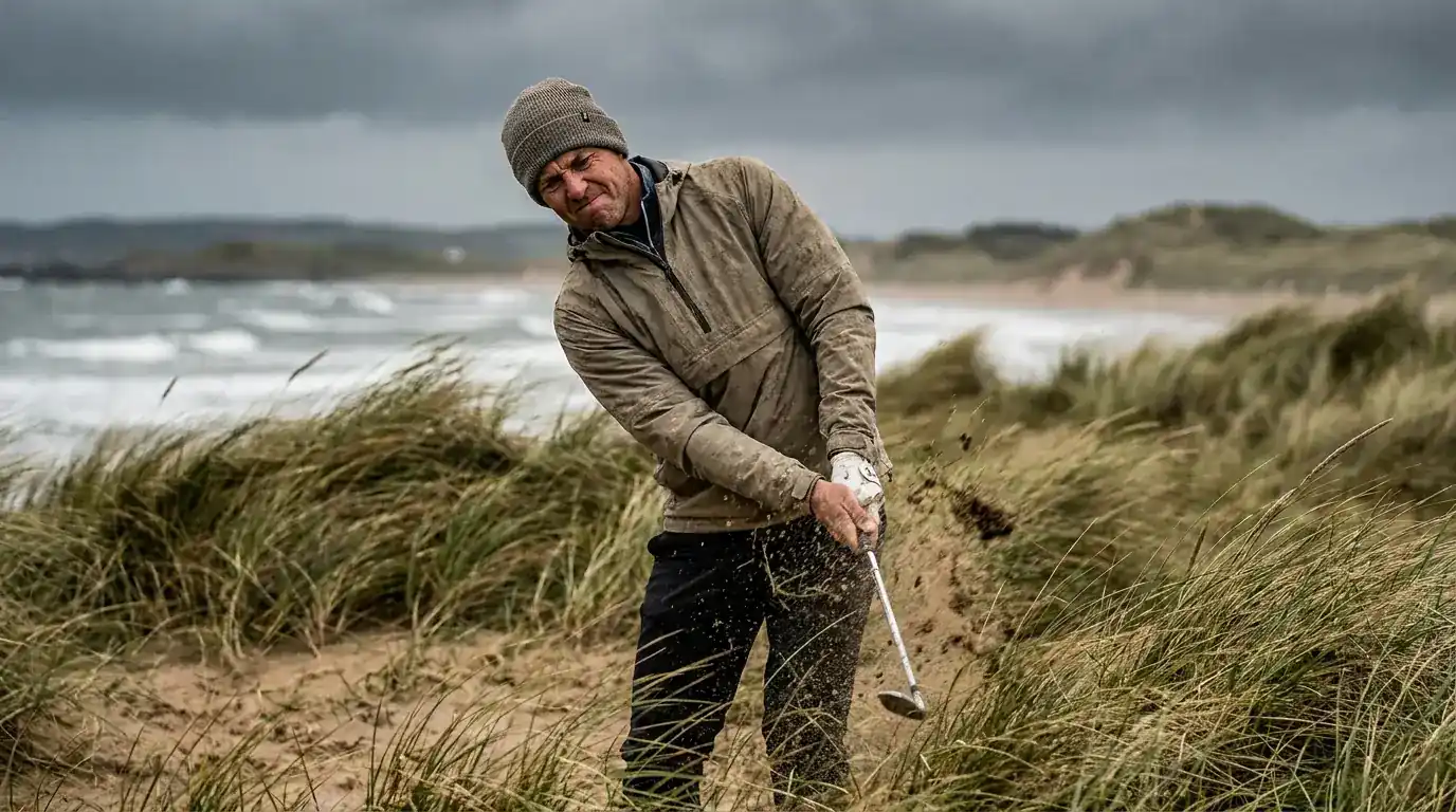 Less-experienced professional golfer chipping out of deep links rough on the second day of a windy major championship