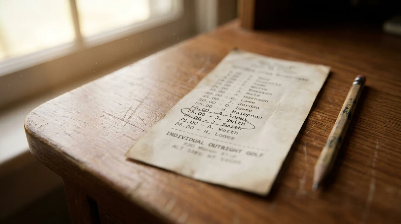 Printed LIV Golf individual outright paper betting slip on a wooden desk with the selection circled in pencil