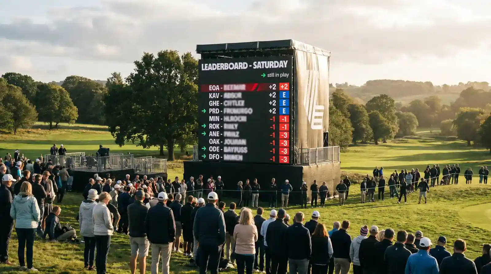Saturday mid-round LIV-style leaderboard at a parkland venue showing every player in the field still in play with no cut
