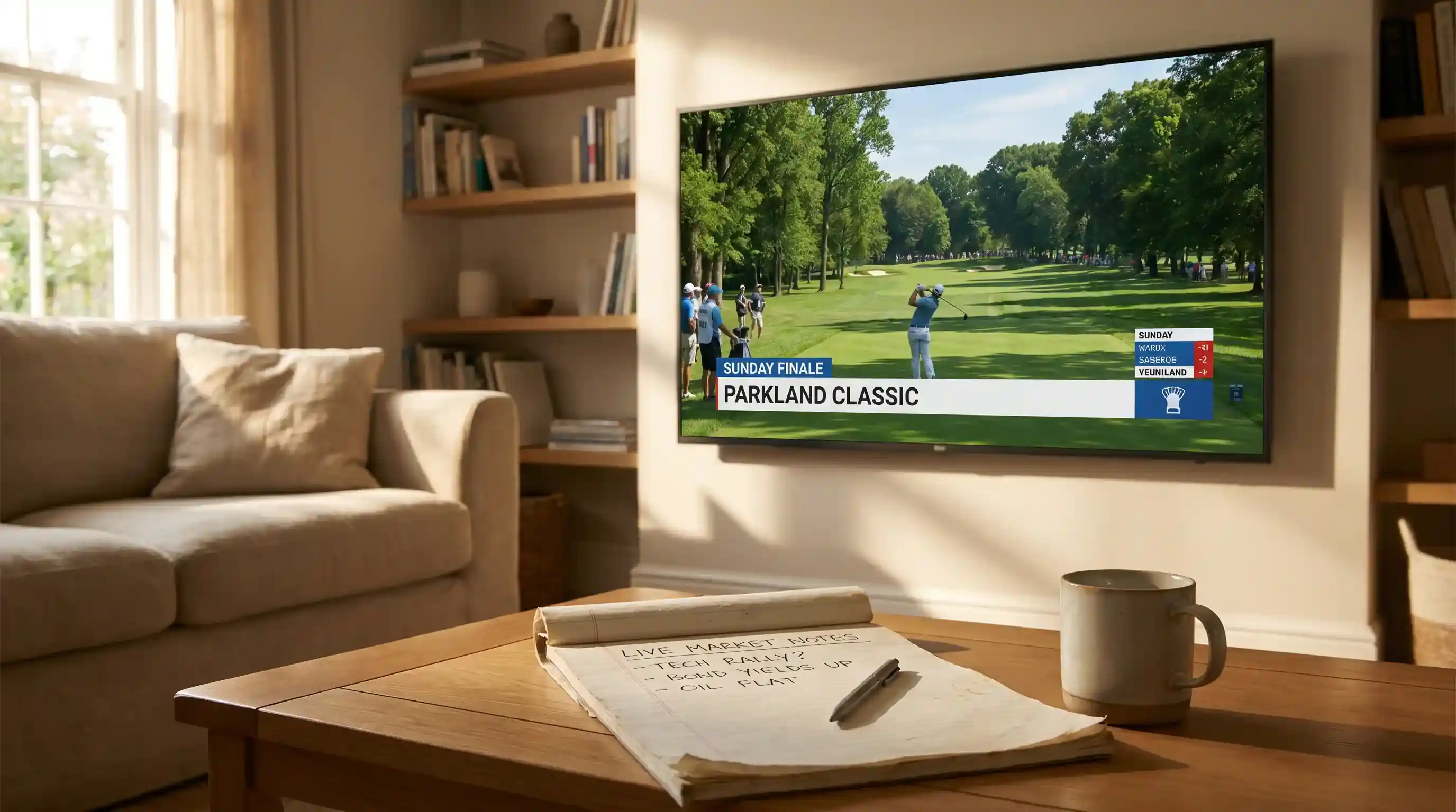 Sunday-afternoon television showing live golf in a quiet living room with a small notepad of live market notes on the table