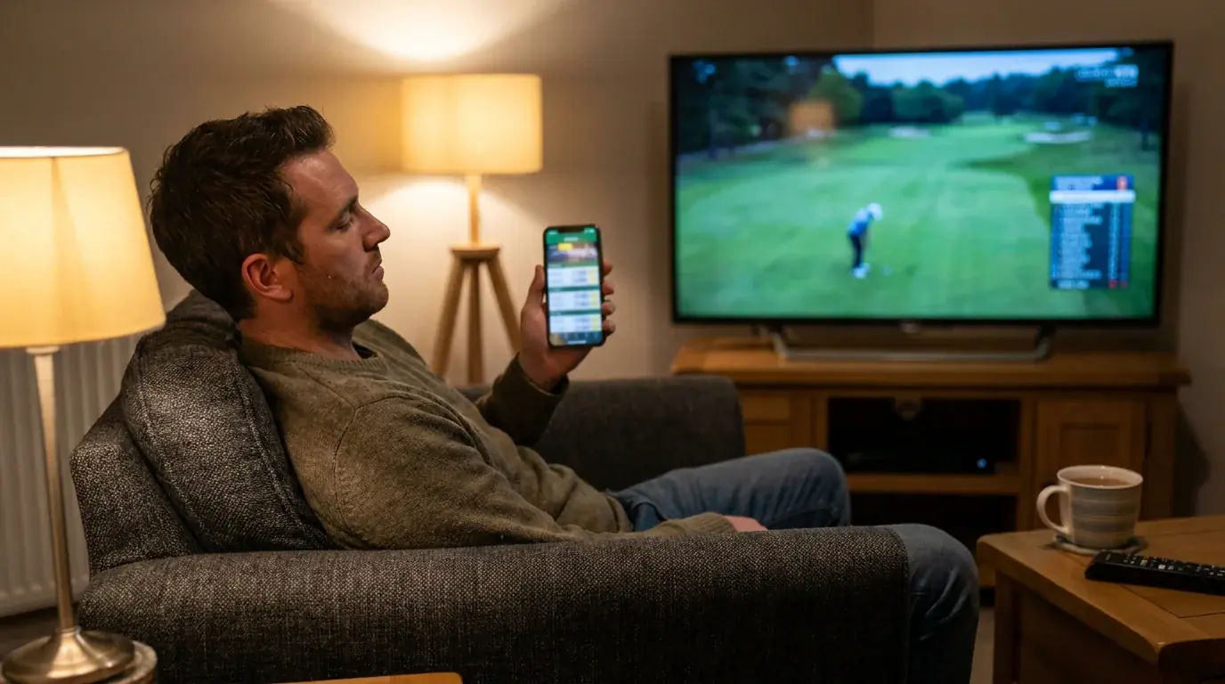 Person watching a Sunday golf telecast on television while holding a mobile phone showing a live odds screen