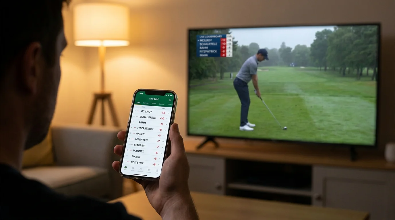 Smartphone held in hand showing a live golf leaderboard while a TV broadcast of a final-round group plays in the background