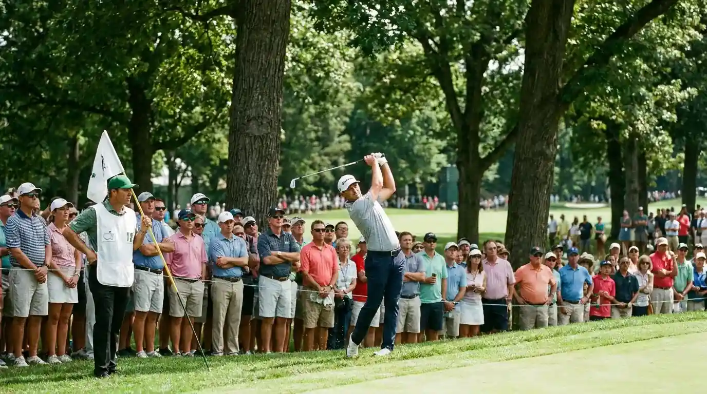 Live back-nine action at a parkland tournament with a player about to strike a critical mid-round approach shot
