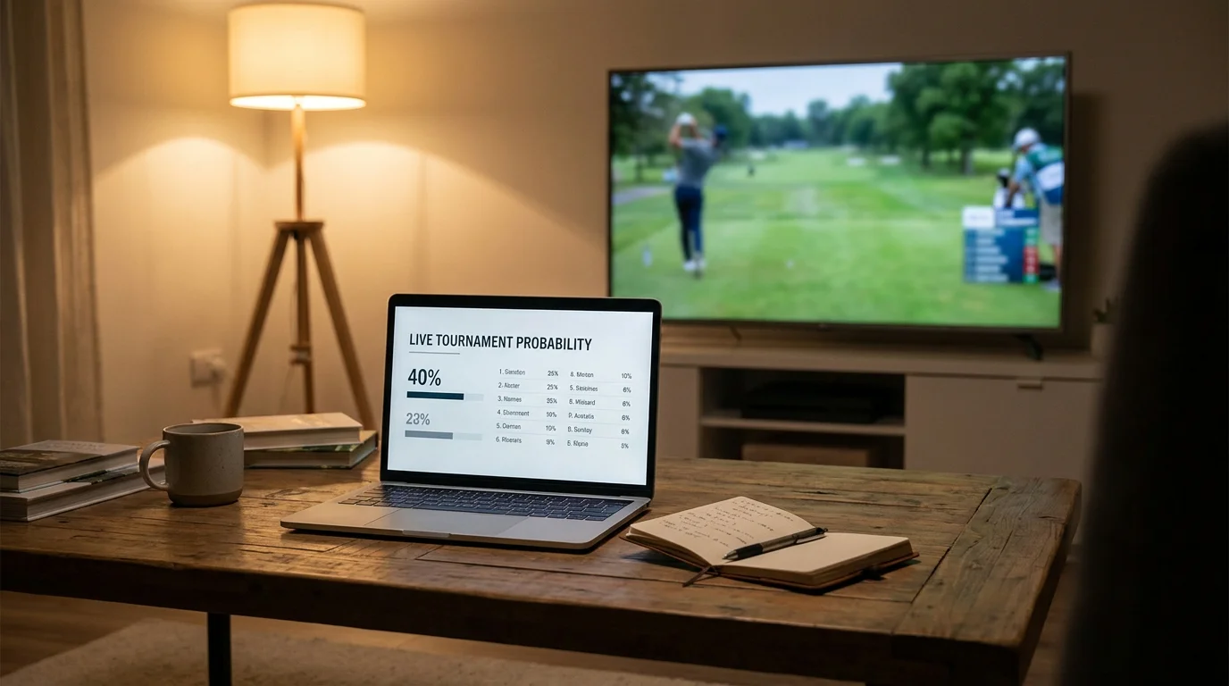 Laptop on a coffee table beside a notepad updating a live tournament view alongside a muted television showing the broadcast