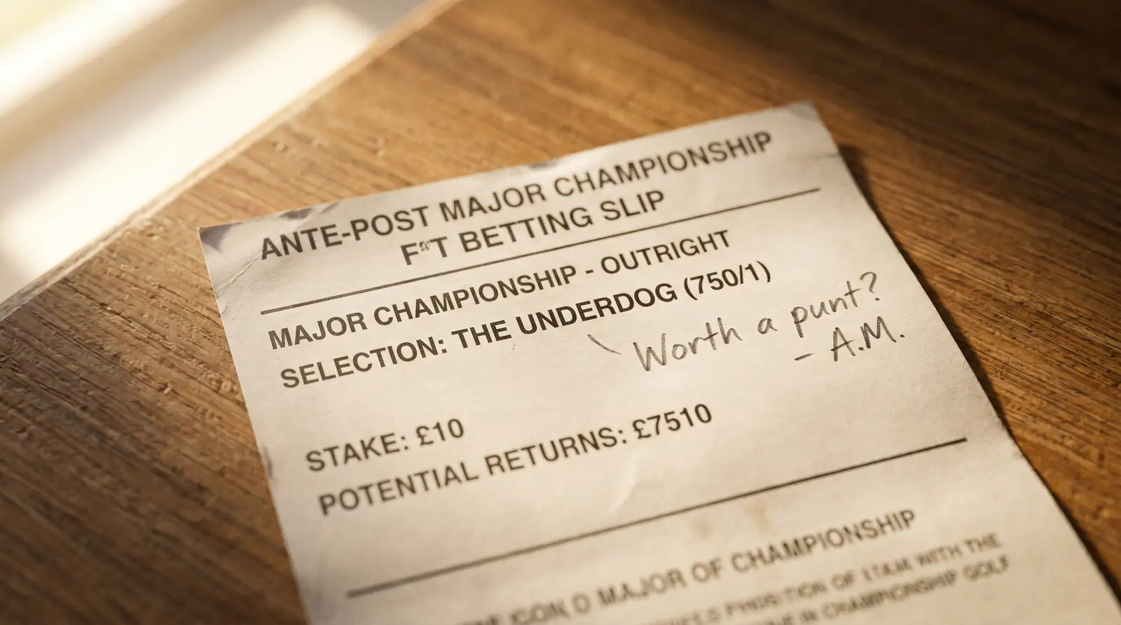 Long-price major championship ante-post paper betting slip on a desk with a handwritten note beside the long-shot selection