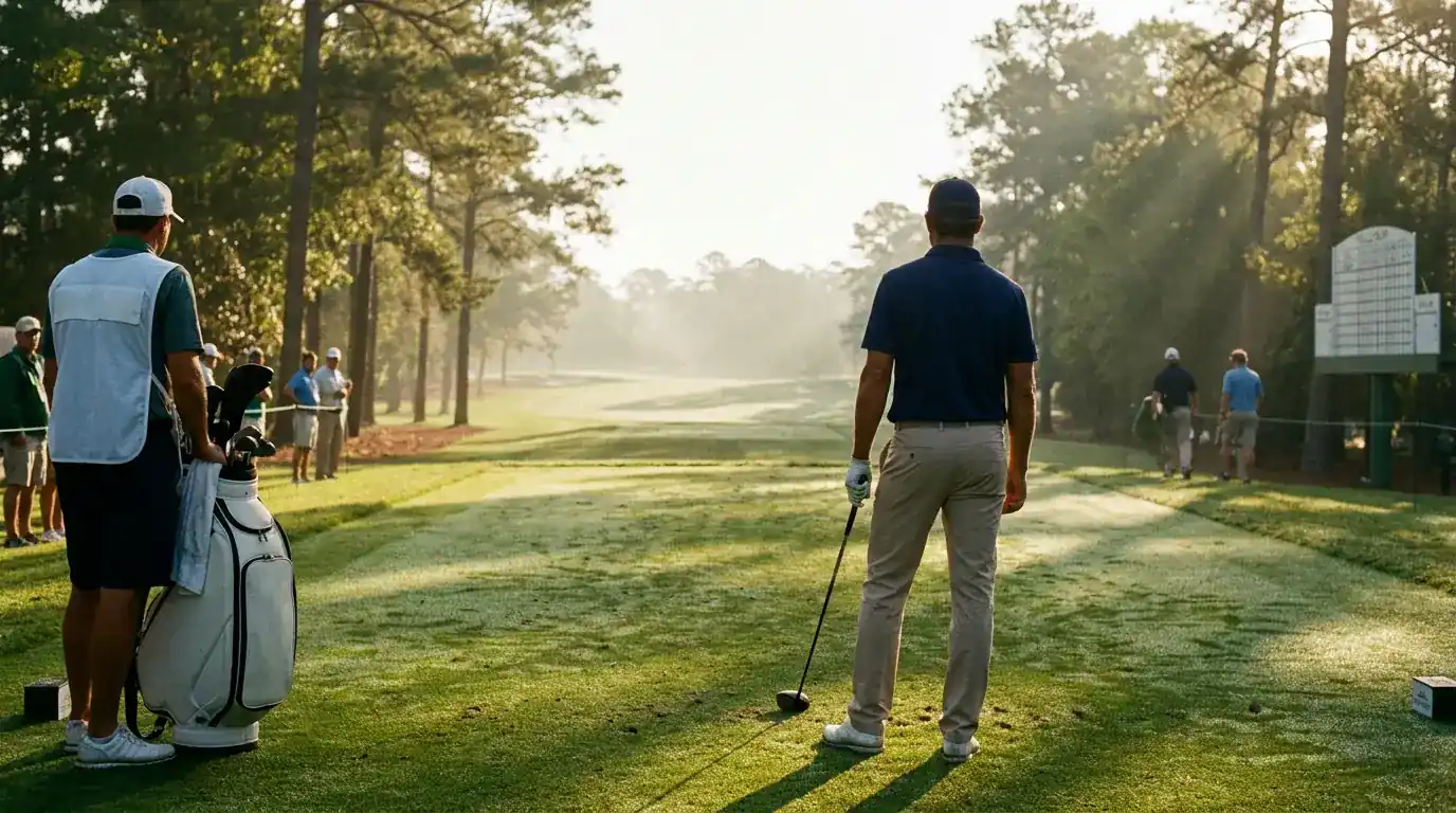 Less-known professional golfer standing on the first tee in early-morning sunlight before an opening round at a major event