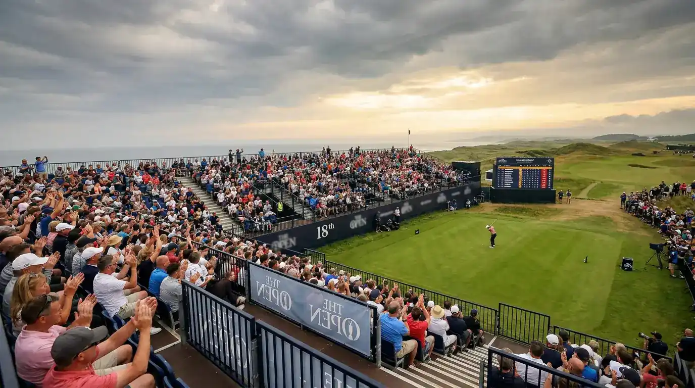 Spectator grandstand packed with fans around the 18th green at a major championship in the United Kingdom