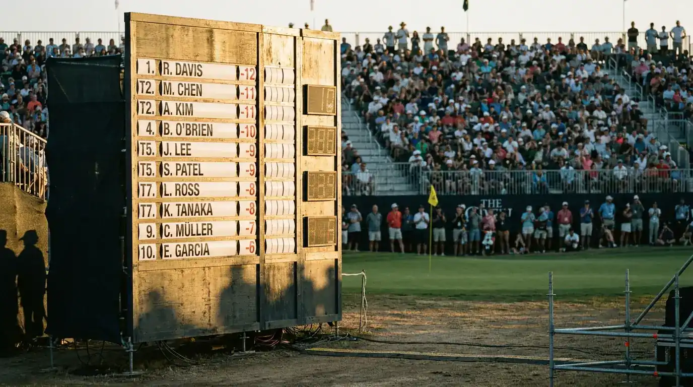 Tightly packed Sunday leaderboard tower at a men's major championship showing the top ten finishers in the closing holes