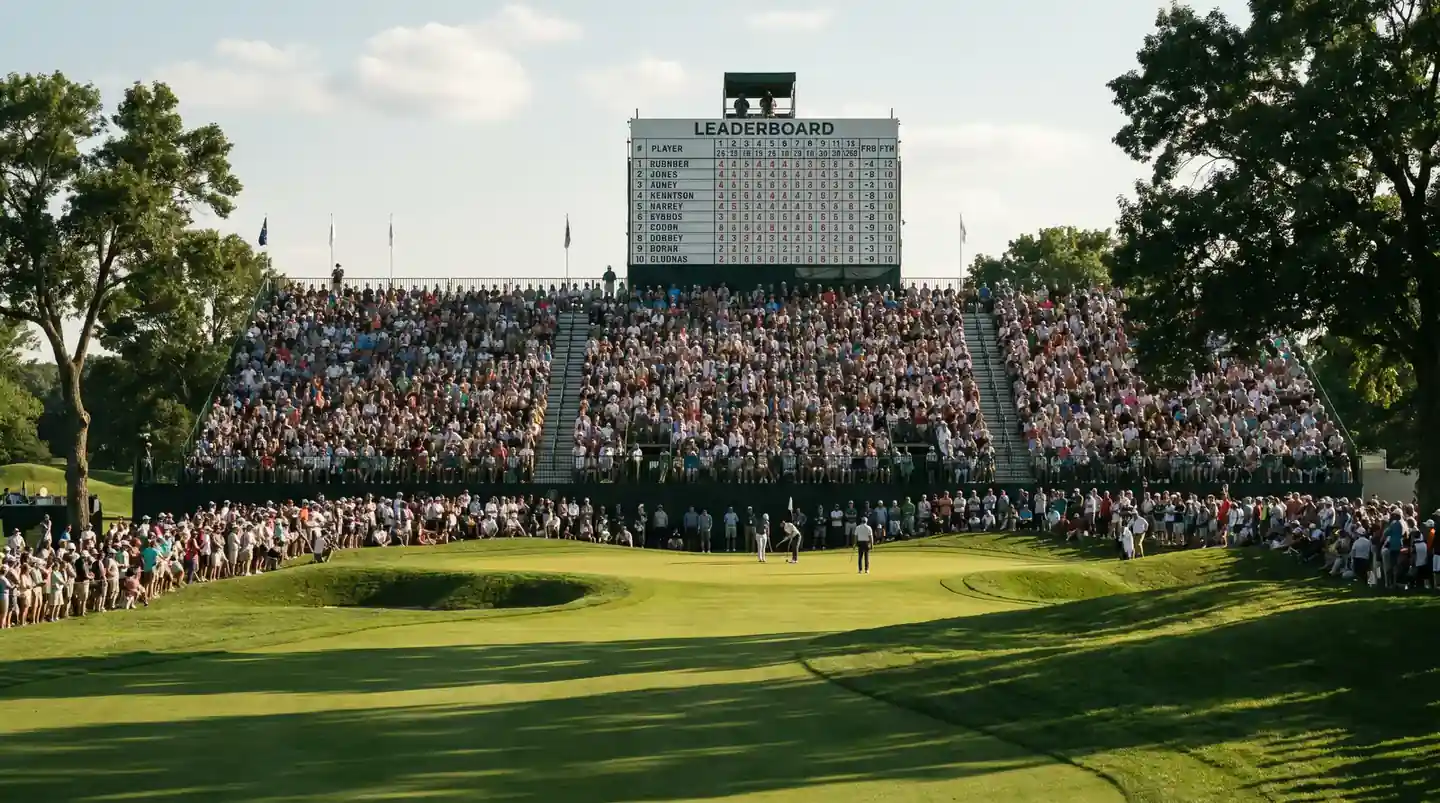 Iconic grandstand backdrop behind a final green at a men's major championship with deep crowd and a leaderboard visible