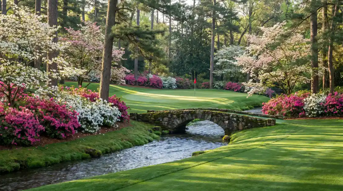 Spring blossom and pine trees around a creek at Augusta National-style southern parkland golf course in early April