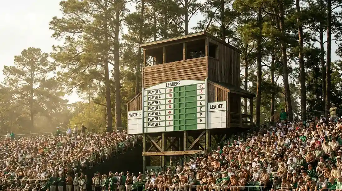 Masters Sunday leaderboard tower with mature pines behind and packed grandstands showing the final-round prop markets in play