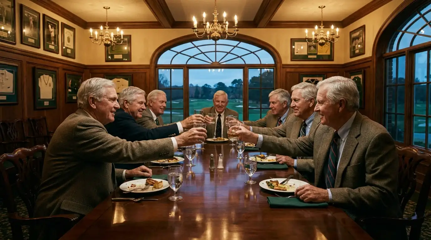 Past champions sitting at a clubhouse table in Southern American architecture style during a Tuesday dinner of Masters week
