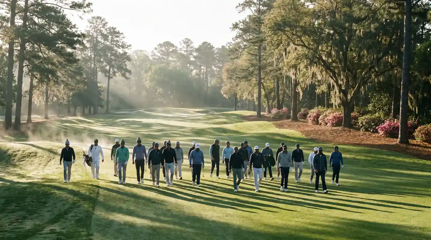 Morning wave of Masters-style first-round players walking the opening fairway in cool dewy April conditions