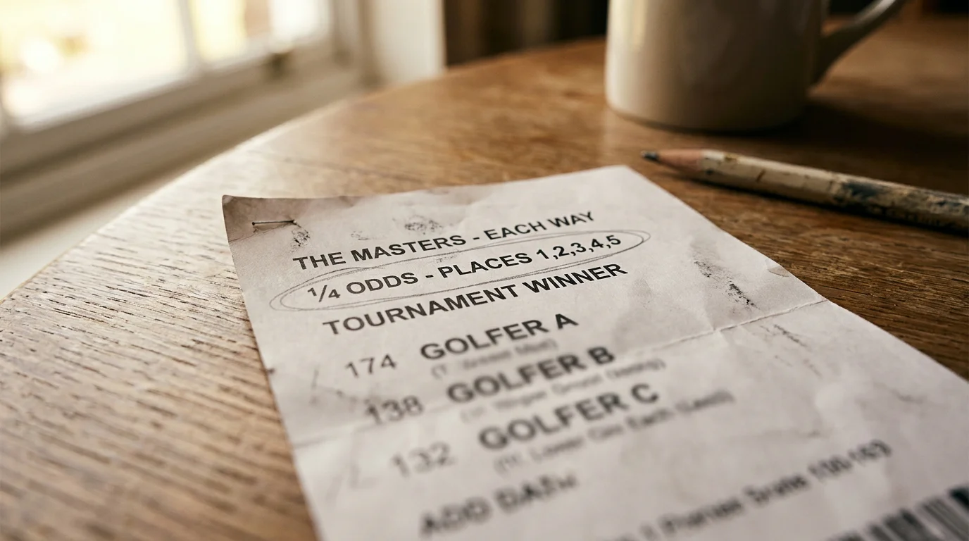 Each-way Masters week paper betting slip on a wooden desk with the place terms circled in pencil under window light