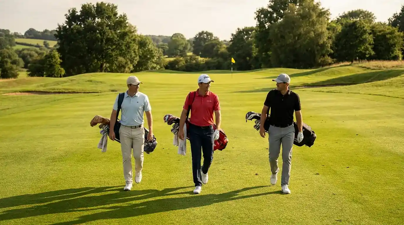 Three professional golfers walking down a fairway together as a Thursday three-ball pairing