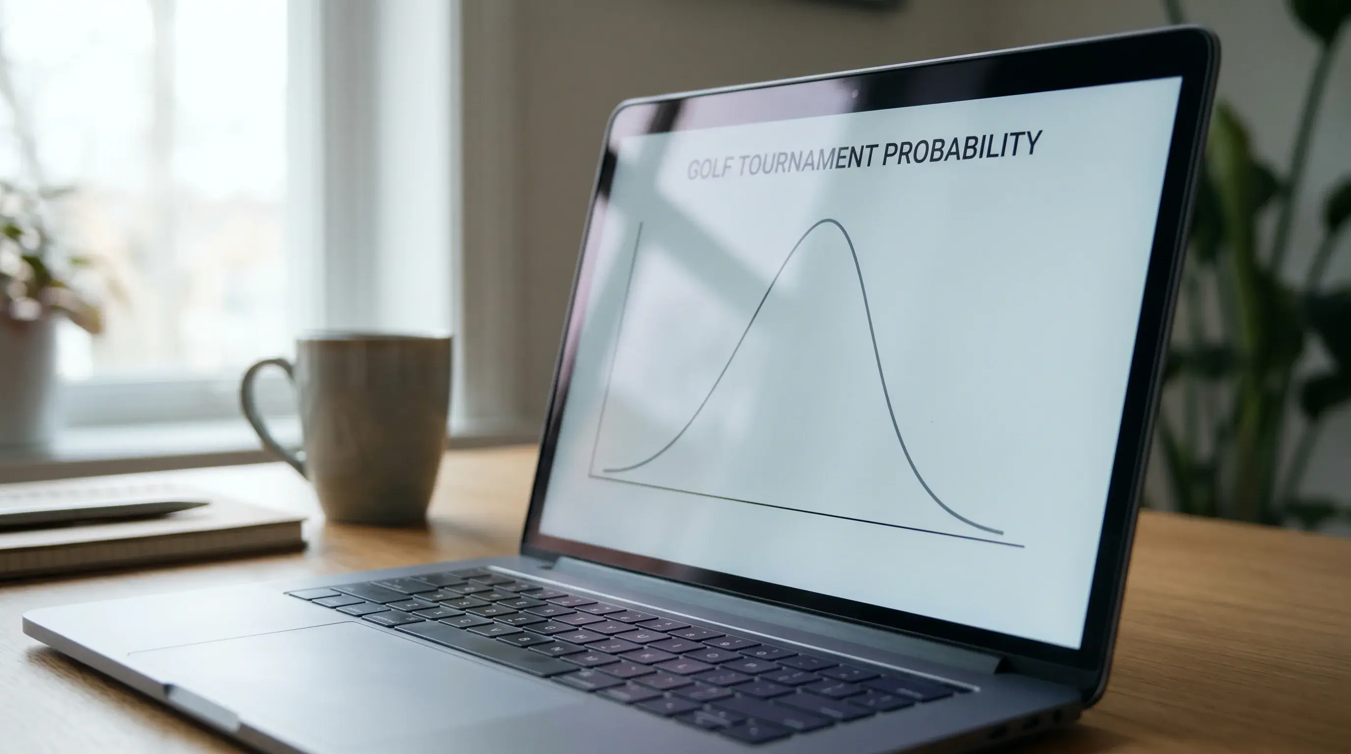 Clean simple probability distribution chart shown on a laptop screen illustrating a Monte Carlo simulation of a tournament