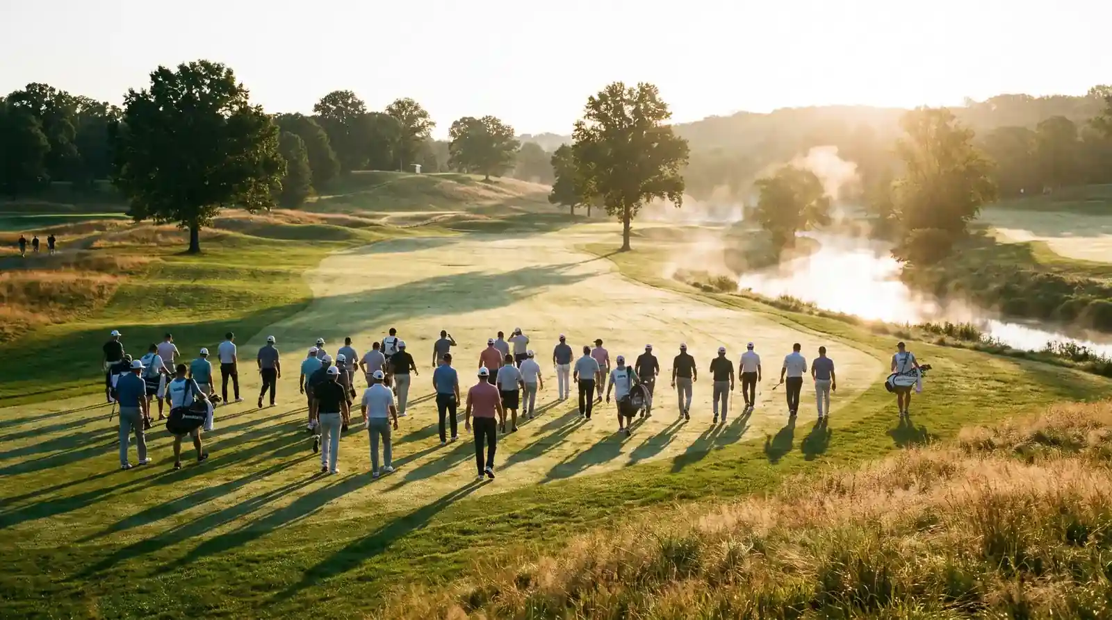 Morning wave of professional golfers walking a dewy parkland fairway at sunrise with long shadows from the rising sun