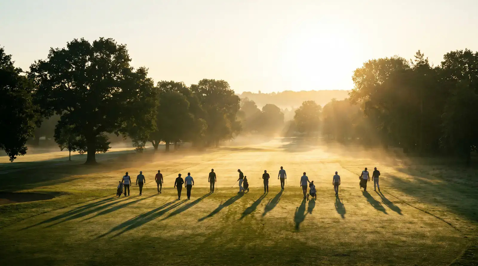 Morning wave of players starting their round on a calm parkland course with long shadows across the opening fairway