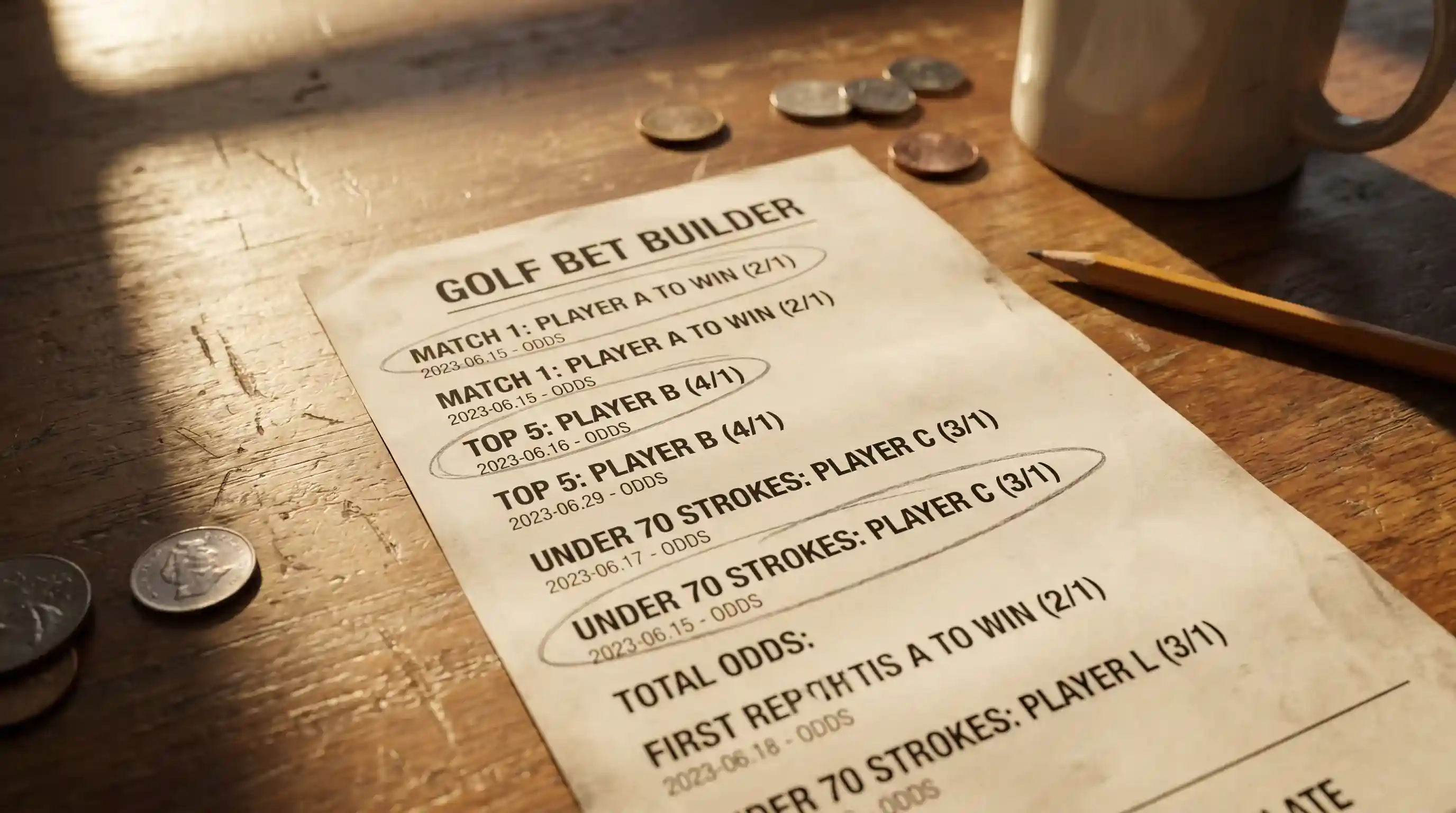 Printed multi-leg golf bet builder slip with several selections circled in pencil on a wooden desk under window light