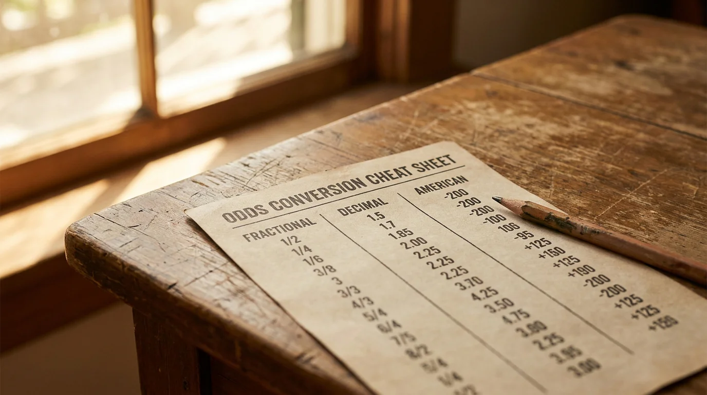 Printed odds conversion cheat sheet on a wooden desk with the three formats side by side and a pencil resting beside it