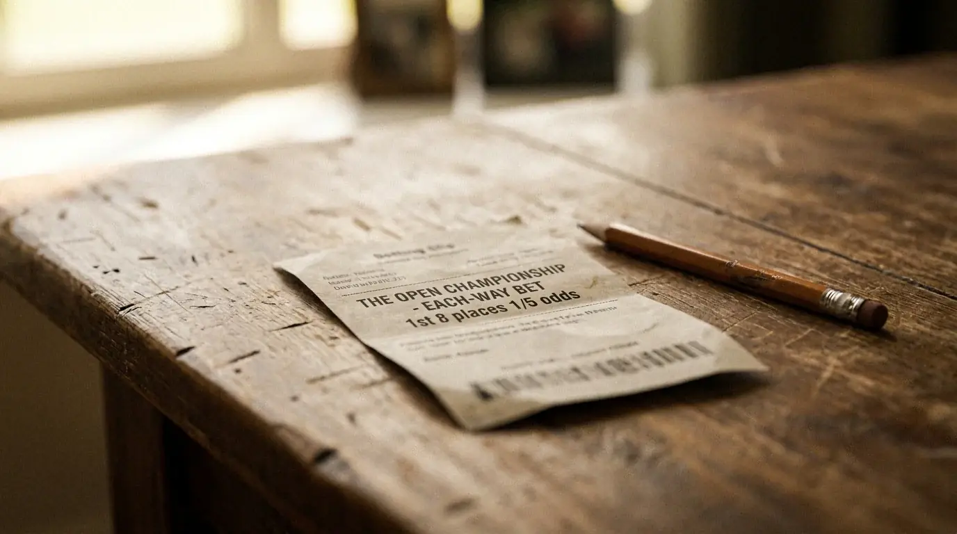 Printed Open Championship each-way betting slip on a desk with the ten paid places clearly visible in the place terms