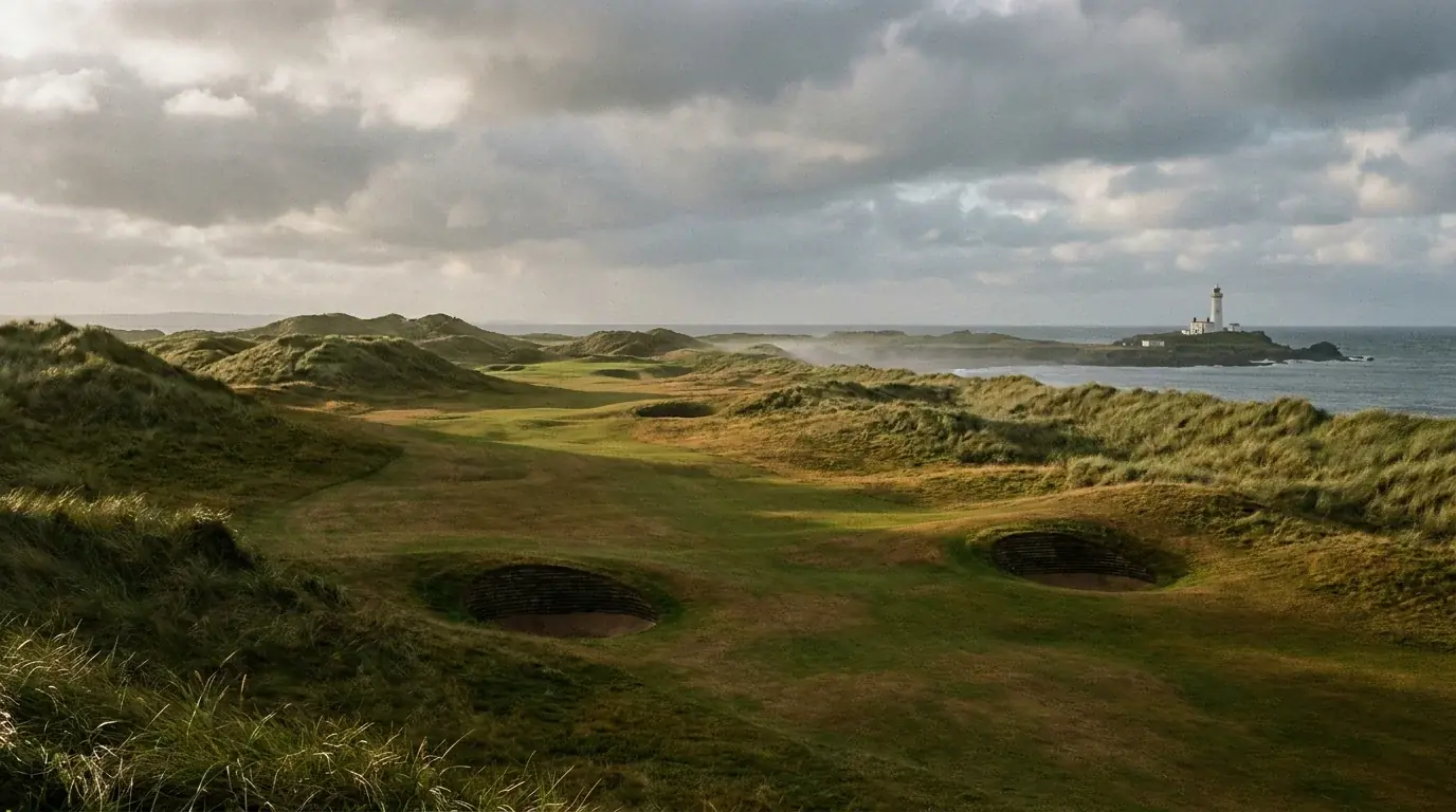 Coastal links golf hole with rolling fescue dunes and a distant lighthouse under windswept British skies