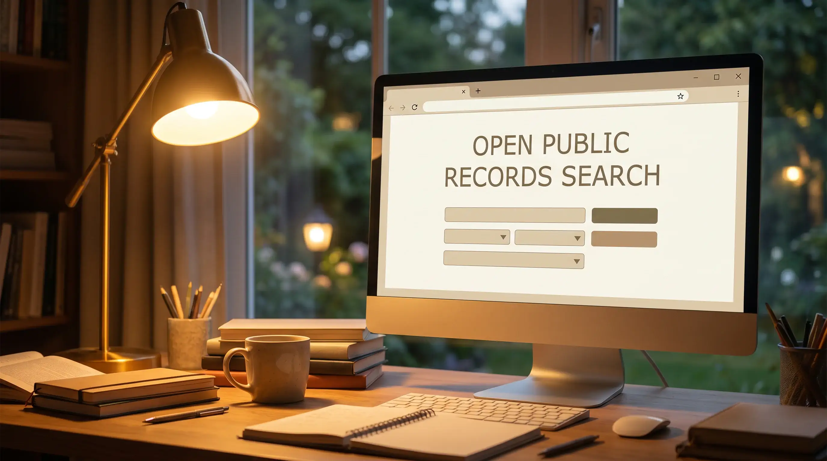 Computer screen showing a generic open-source public records search interface on a tidy home desk in subdued lamp light