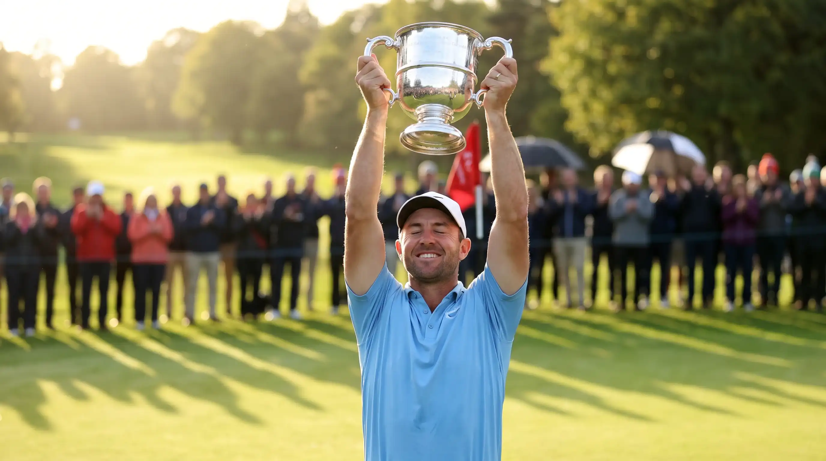 Triumphant golfer raising a tournament trophy above his head on the 18th green after an outright win
