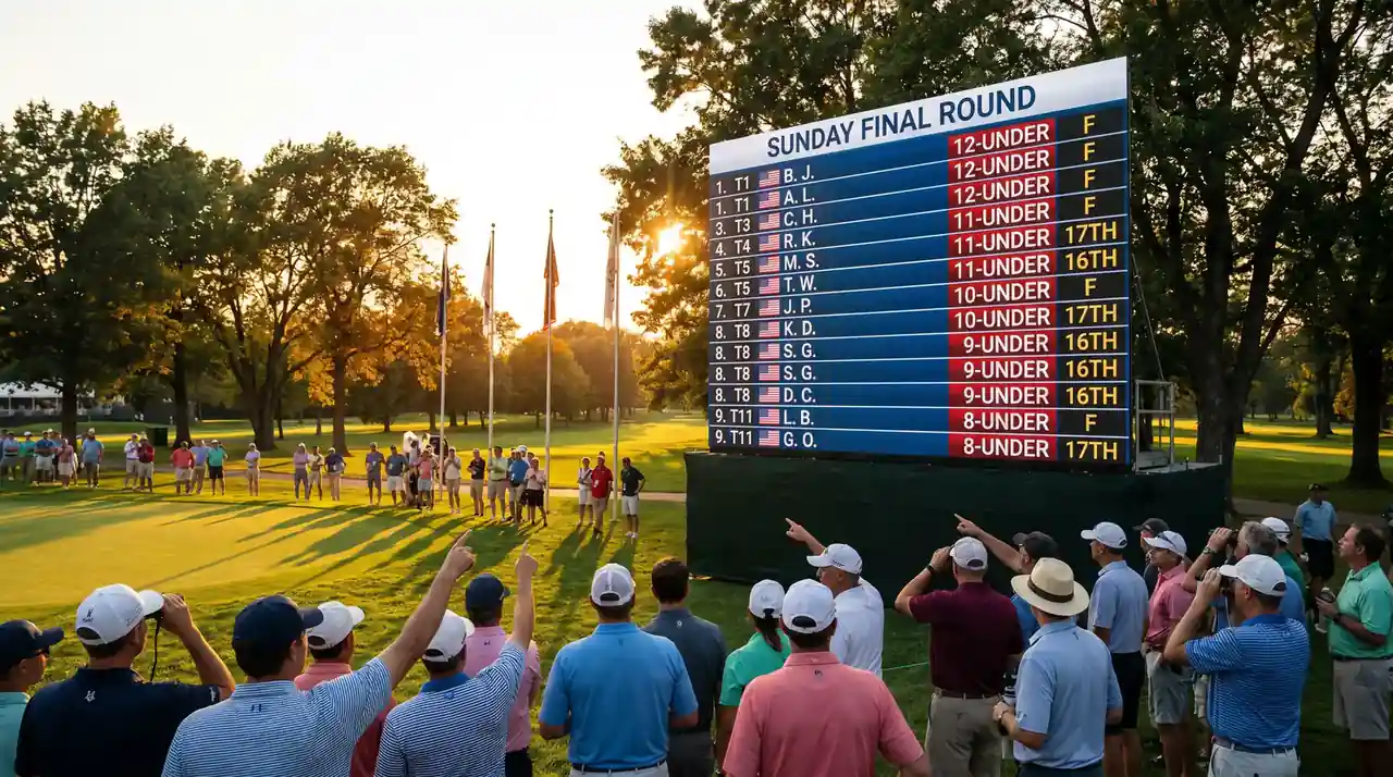 Bunched professional golf leaderboard on tournament Sunday with several players within one shot of each other near the cut-off place