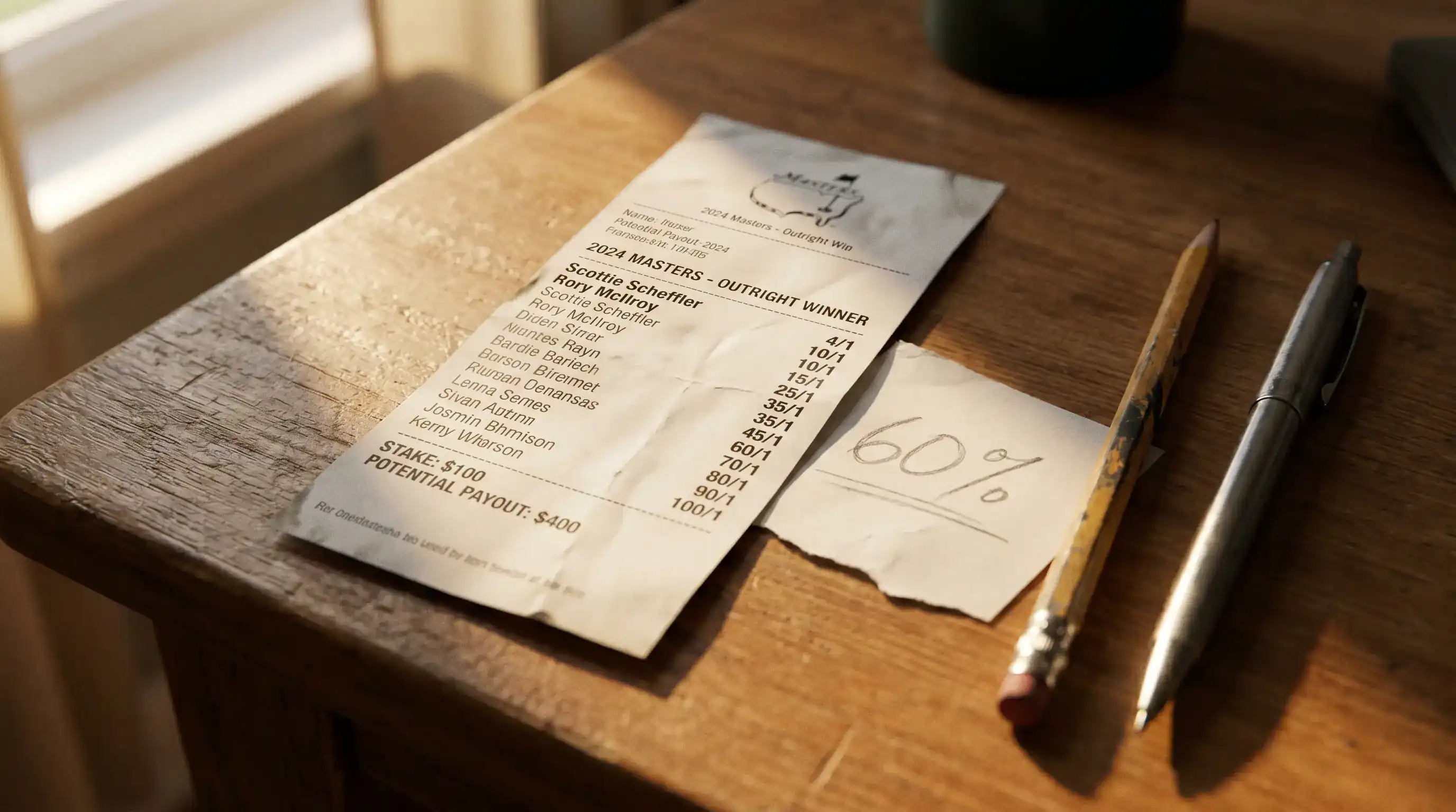 Close-up of a printed golf betting slip on a desk with a pencil marking sixty per cent of the ticket selected for partial cash-out