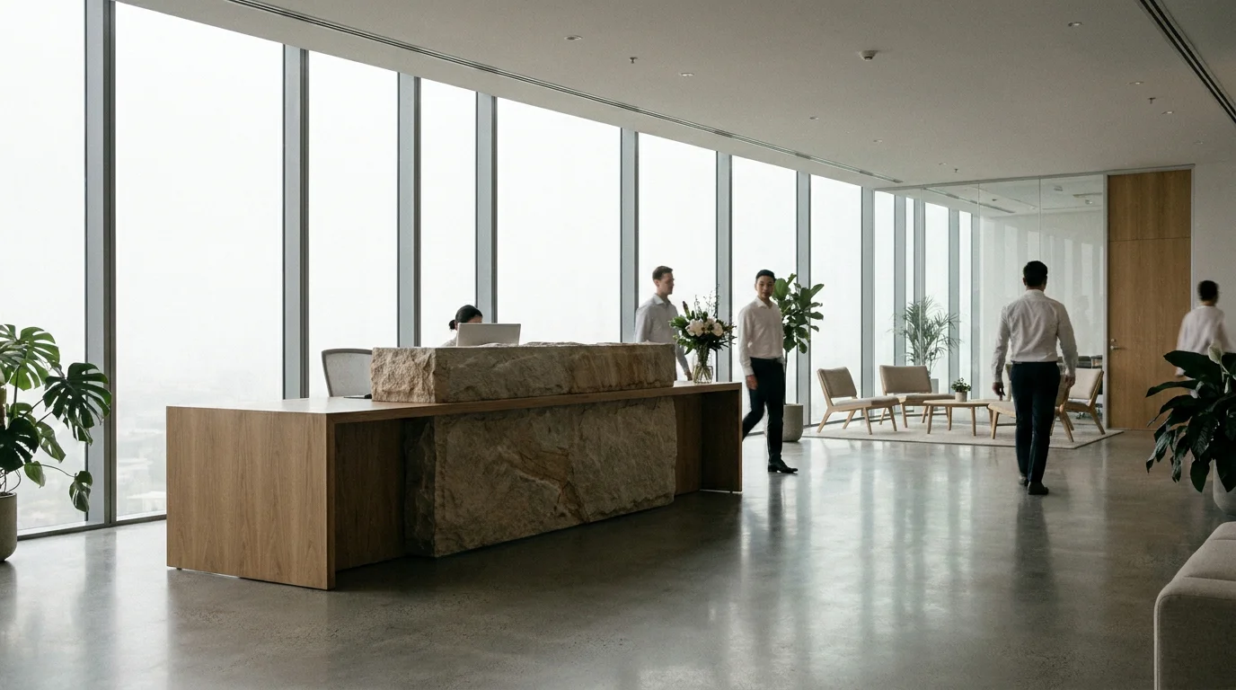 Modern professional office interior with neutral signage representing a tour administration department headquarters