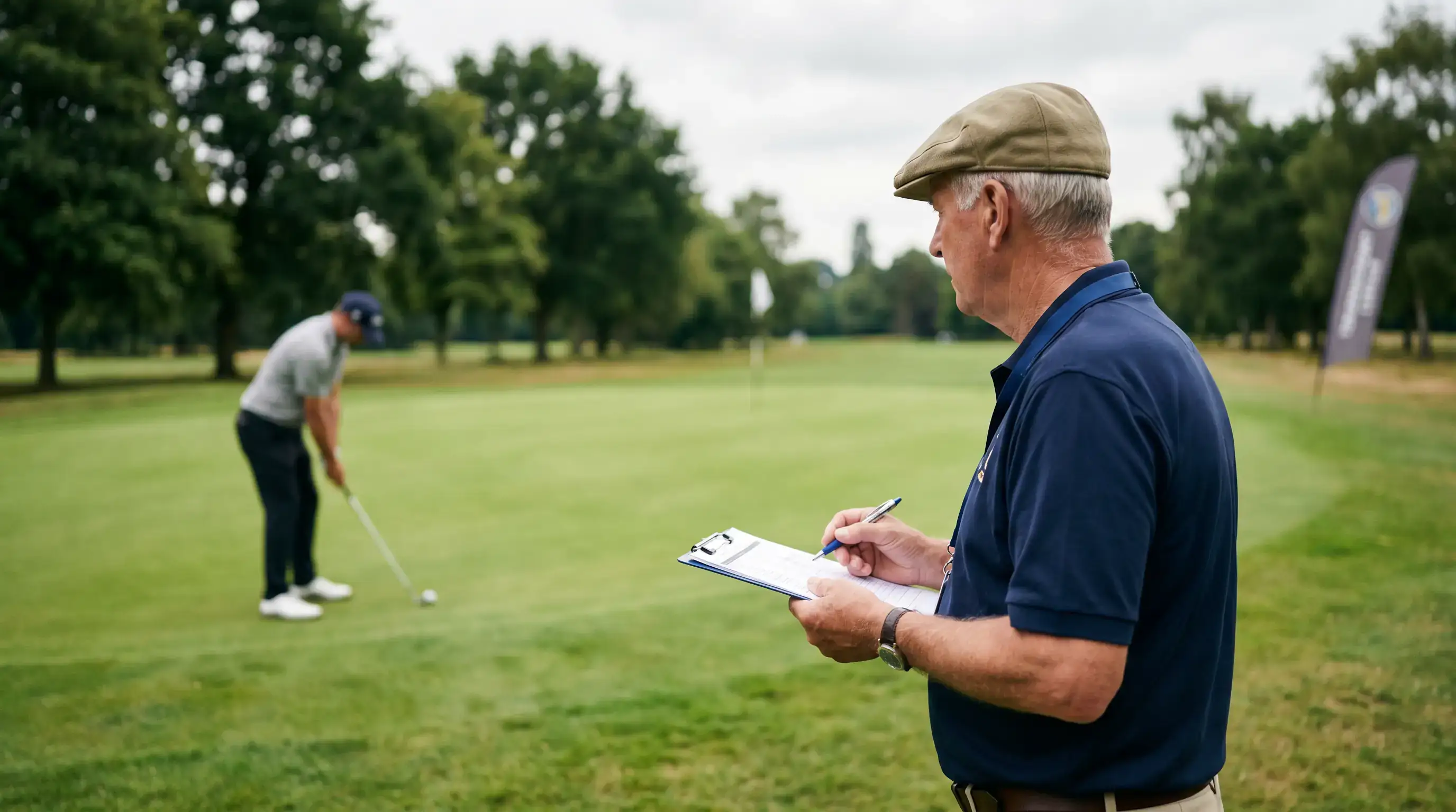 PGA Tour rules official in a uniformed cap holding a clipboard beside the fairway, observing play during a tournament round