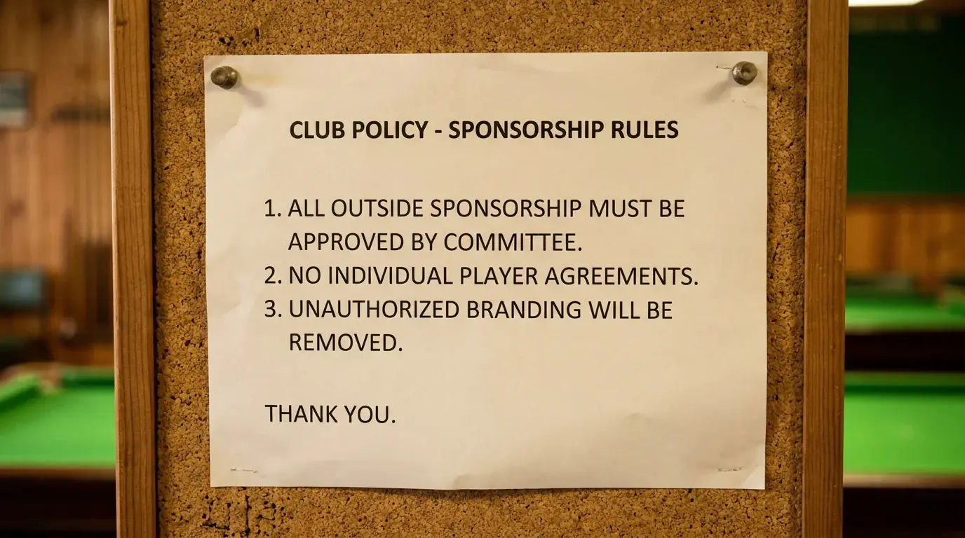 Printed tour-style policy notice pinned to a clubhouse noticeboard about sponsorship rules for new platform categories