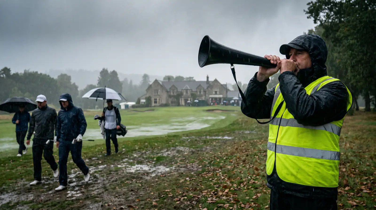Tournament marshal blowing the suspension horn on a parkland course as players walk back toward the clubhouse during rain